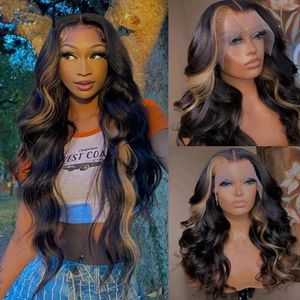 Long Body Wave Highlights Blond peruk 13x4 Spets Front Mänskligt hår Wig Transparent spetsspår Syntetik för svarta kvinnor med babyhår