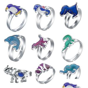 Anelli a fascia Fashion Cute Animal Thermochromic Mens Ring Designer Bear Dolphin Dinosaurs Sier For Woman Party Gioielli sudamericani G Dhbgq