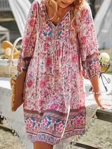 Womens Casual Dresses Loosen V Neck Retro Dress Boho Pink Print Flowers Long sleeve Woven Dress Vacation Dress