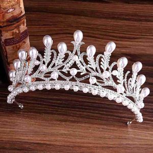 Andra modetillbehör Kmvexo Luxury Bridal Tiaras Rhinestone Pearl Flower Silver Color Leaves Wedding Bride Crown For Pageant Party Headpieces Jew J230525