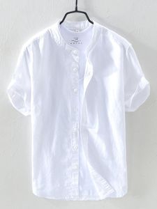 メンズドレスシャツチャイニーズスタイルのコットンリネンシャツ2023メンズソリッドカラースタンドアップカラーシングル胸の半袖男性