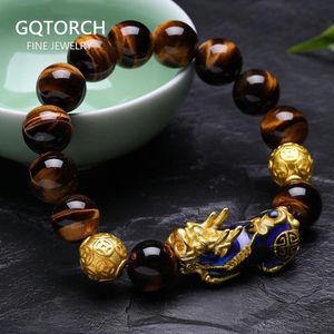 Braccialetti Bracciale con perline di onice nero naturale occhio di tigre giallo con cambio di temperatura Colore Lucky Pixiu Brave Troops Fengshui Gioielli