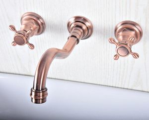 Bathroom Sink Faucets Antique Red Copper 3 Hole Double Handle Wall Mounted Faucet Cold Tap Tsf501