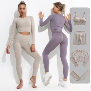 Set attivi 4 pezzi Set da yoga Abbigliamento da palestra senza cuciture da donna Abbigliamento sportivo Allenamento fitness Abiti Abiti Vita alta Sport Pantaloni corti Leggings Femme