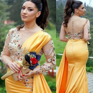 2023 May Aso Ebi Yellow Mermaid Prom Dress Beaded Crystals Satin Evening Formal Party Second Reception Birthday Engagement Gowns Dresses Robe De Soiree ZJ335