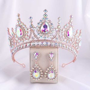 Andra modetillbehör Barock Rose Gold AB Color Rhinestone Crystal Queen Crown med örhängen Bröllop Tiaras Kvinnor Beaut Pageant Diaadem Hair Jewel J230525