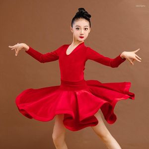 Scene Wear Children Latin Dance Dress Girls Autumn Winter Long Sleeve Velvet Standard Competition Professional