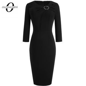 Dresses Women Elegant Charming O Neck 3/4 Sleeve Bow Embellished Office Lady Slim Pencil Dress EB481