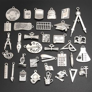 30pcs Random Mix Silver Color Book Bachelor Cup Pen Charms Paint Board Pendant Making School Supplies Jewelry Accessories