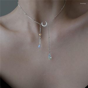 Pendant Necklaces Silver Color Tassel Long Chain Zircon Moon Charm Pendants For Women Wedding Jewelry Kolye Choker Dz190