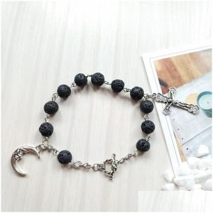 Beaded Black Volcanic Rock Beads Rosary Bracelet Cross Religious Jewelry Drop Delivery Bracelets Dhgvt