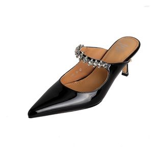 Hausschuhe 2023 Damen Naturleder 22-24,5 cm Rindsleder Obermaterial Voll Sexy Diamant Pailletten Riemen Mules Frau