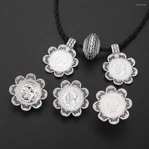 Necklace Earrings Set Ethiopian Coin Cross Silver Color African Eritrea Habesha Women Wedding Bride Jewelry