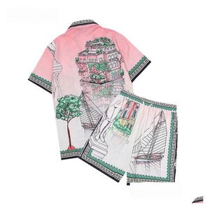 Męskie zwykłe koszule Casablanc of Racing Silk Art Shirt 2023 Autumn and Winter Men Dress Shorts Zestaw Zestaw Doradu odzież Męskie ubrania dhlye