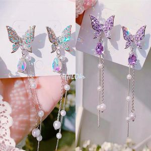 Koreansk lila kristallfjäril släpp örhänge för kvinnor ny modeimitation Pearl Tassel Chain Rhinestone Earring smyckespresent