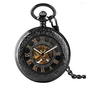 Карманные часы мужские автоматические механические часы римские цифры прозрачная стеклянная крышка подвеска черная/серебряная цепь