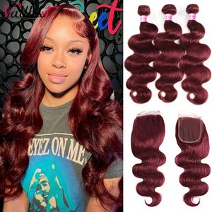 Hair pieces Vall 32 Inch 99J Body Wave Bundles With Closure Brazilian Wavy Burgundy Human 4x4 Lace Remy 230525