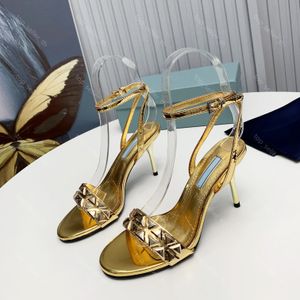 Student Metallic Leather High-Heeled Sandals Triangle Emed Sandal Women Stiletto Pumps Summer Show Wedding Party Shoes With Box