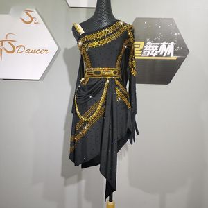 Stage Wear 2023 Latin Dance Competition Dress for Girls Gold Chain Diamond Sexig Rumba Cha-Cha Samba DN6758
