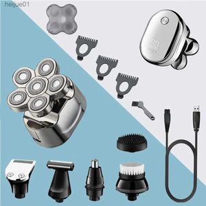 Barbeadores elétricos 6 em 1 Shaver elétrico masculino 6 lâminas de água impermeável Recarregável Multifuncional aparador de cabelo de nariz molhado kit de beleza de barbear seco molhado L230518