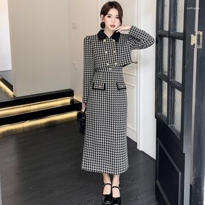 Arbetsklänningar mode kvinnor liten doftdräkt kort cardigan rockar jacka houndstooth long suspender streetwear klänning två stycken uppsättningar