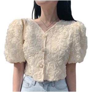 Women's summer spuff hort sleeve v-neck 3D rose flowers patched blouse shirt