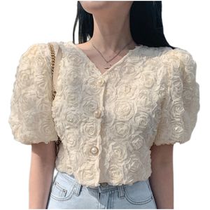 Blusa feminina de verão manga curta com decote em V 3D flores rosas remendadas