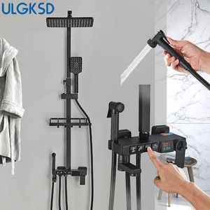 Bathroom Shower Sets ULGKSD Matte Black Thermostatic Shower Set System 4 Ways Digital Display Bathroom Shower Faucet Rainfall Mixer Tap Faucet System G230525