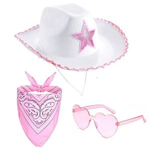 Breda brimhattar hinkar platta mössor Brimmed Hat Western paljett Cowgirl Magician Adult Girl Cosplay Costume Kerchief Night Club Headwear 230525