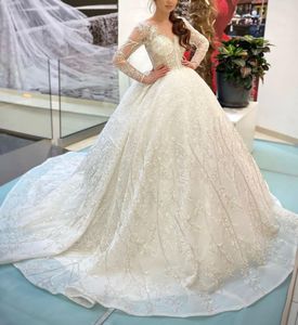 Luxury Ball Gown Wedding Dresses Long Sleeves V Neck Sequins Applique Ruffles Bridal Gowns Beaded 3D Lace Diamonds Plus Size Gowns Custom Made Vestido de novia