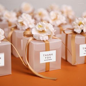 Caixa de PVC transparente de casamento embrulhada para presente para hóspedes de fita artificial de fita de flor artificial Dragees Matte Baptis