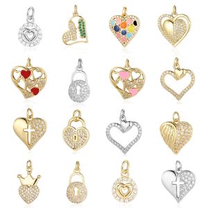 3pcs/lot Heart Lock Brass Cubic Zircon Charm Cross Crown Circle Wing Pendant for Bracelet Earring Necklace Making Wholesale