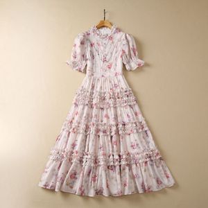 2023 Summer Pink Floral Print Panelled Stringy Selvedge Dress Short Sleeve Round Neck Midi Casual Dresses S3W220518 XXXL Size Plus Size