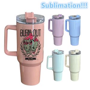 40oz Sublimasyon Macaron Tumbler Kapak ve Pipetler Paslanmaz Çelik Çift Vakum Kahve Tumbler Saplı Renkli Seyahat Kahve Kupa Seyahat Kupa Tumbler DIY