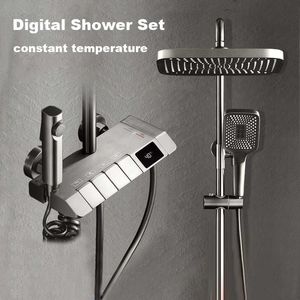  Bathroom Shower Sets Grey Black Piano Digital Display Shower Set Intelligent Brass Bathroom Faucet Hot Cold Waterfall Tap Rainfall Shower System G230525