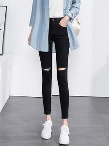 Women's Jeans Washed High Waist Women Knee Ripped Holes Skinny Black Stretch Streetwear Slim Pencil Denim Pants Ankle Length Summer 2023