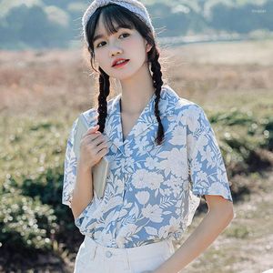 Kadınlar bluzları sumemr kadın gömlek çiçek baskı kısa kollu gevşek vintage moda kadın 2023 şık Kore üstleri Blusas mujer de moda