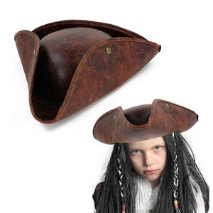 Halloween Brown Distressed Pirate Tricorn Hat Masquerade Party Men Women Faux Leather Pirate Costume Accessories Hats