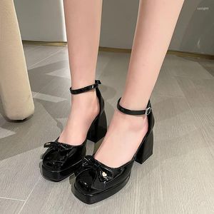 Dress Shoes 2023 Lace Bowknot Pearls Strap Platform Pumps Women Thick Heels Mary Jean Woman Square Toe High Heeled Ladies