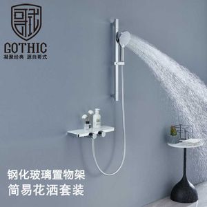 Bathroom Shower Sets Gothic Black Hot And Cold Shower Set Simple Silver White Bathtub Faucet Large storage platform Wall Mount Bathroom Shower System G230525