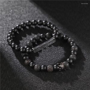 Strand Black Beads Crown Charm Charm Bracelet Men Mulheres Elastic Set Holiday Gift Decor Acessórios