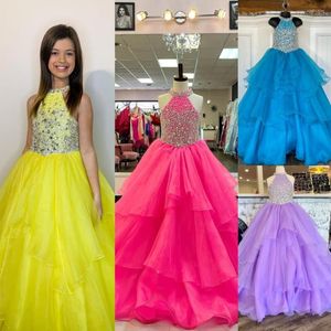 Kız Elbise Yular Yardımcı Pageant Elbise 2023 Balgown Kristalleri Boncuklu Organza Çocuk Doğum Günü Resmi Parti Toddler Gençler Preteen Bayan Lilac