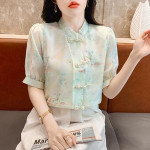 Women's Blouses Satin Shirt For Women Summer 2023 In Floral Chinoiserie Loose Printed Short Sleeve Ladylike Top O-Neck Button