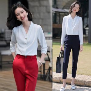 Women's Blouses Pantsuits Women & Shirts Long Sleeve Office Ladies 2 Piece Pant And Tops Sets White OL Styles