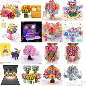 Cartões de felicitações aparecem girassóis de 12 polegadas Bouquet de flor de 12 polegadas Pop -up 3D com cartão de anotações e entrega de gotas de envelope dhmko