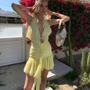 Casual Dresses Hirigin Women Ruffle Tassel Mini Dress Tie Up Halter Neck Plunging Backless Ruched 3D Flower Party Club