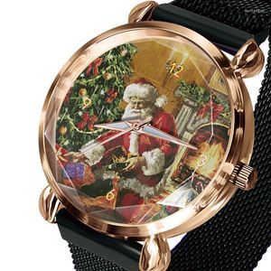 Armbandsur Father Christmas Elk Gift Watch Gold Case Black With Mesh Ribbon Plain Movement Student Girls 'Relojes de Mujer