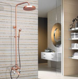 Bathroom Shower Sets Antique Red Copper Brass Dual Ceramic Handles Bathroom 8 Inch Round Rain Shower Faucet Set Tub Mixer Tap Hand Shower mrg542 G230525