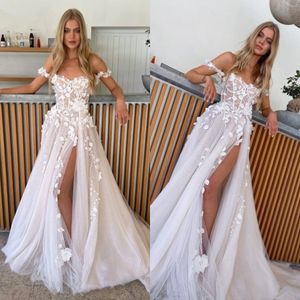 Line Boho A Dresses Appliques Thigh Slit Tulle Designer Wedding Bridal Gowns ppliques