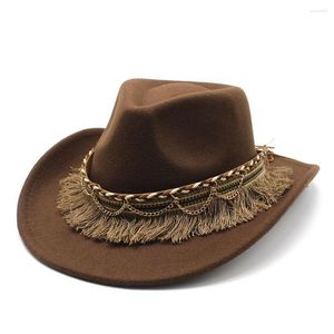 Berets Cowboyhut für Frauen und Männer Quasten Jazz Mütze Wolle 57-58 cm Ethnischer Stil gebogener Rand hochwertiger Cowgirl NZ0062